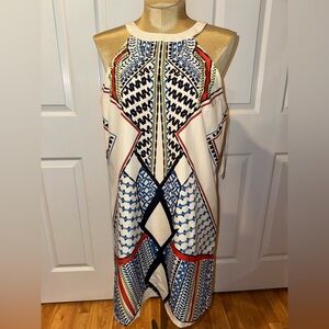 VENUS Cream Dress with Navy Blue and Red Geometric Print